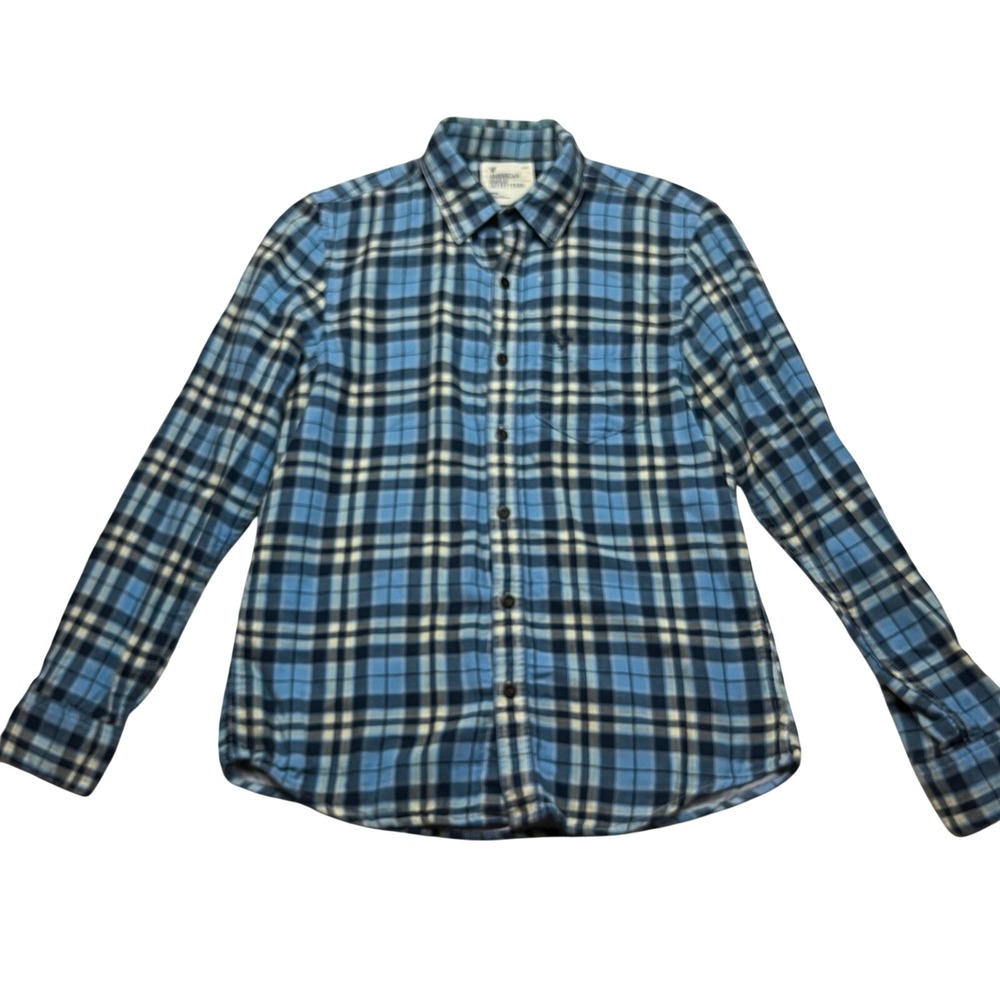 American Eagle Shirt Mens M‎ Blue Plaid Flannel Long Sleeve Button Front